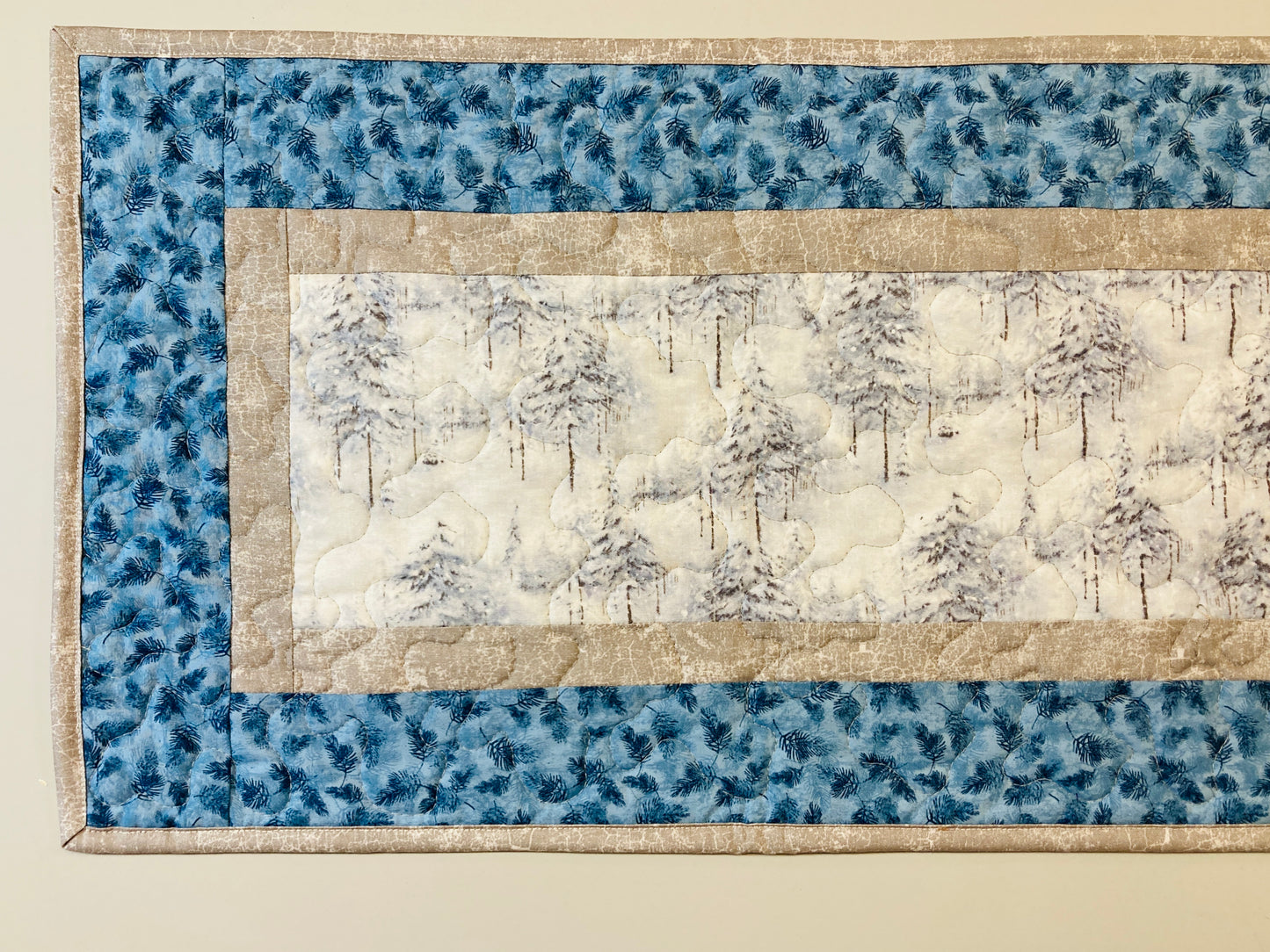Snowy Winter Trees Blue Pine Cones Quilted Dining Coffee Table Runner, 13x48 Reversible, Everyday Woods Mountains Handmade