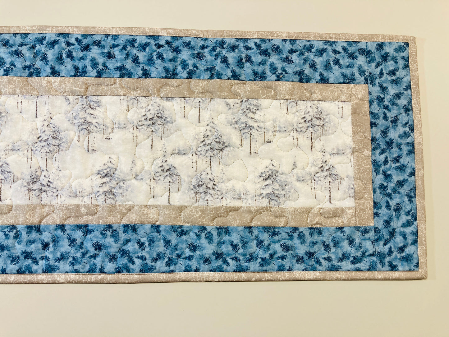 Snowy Winter Trees Blue Pine Cones Quilted Dining Coffee Table Runner, 13x48 Reversible, Everyday Woods Mountains Handmade