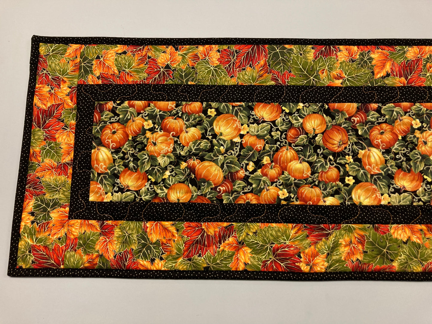 Pumpkins Dining Table Runner, Fall Autumn Leaves Quilted Handmade, Orange Green Gold Fall Table Decor, 13x48" Thanksgiving Holiday Winter