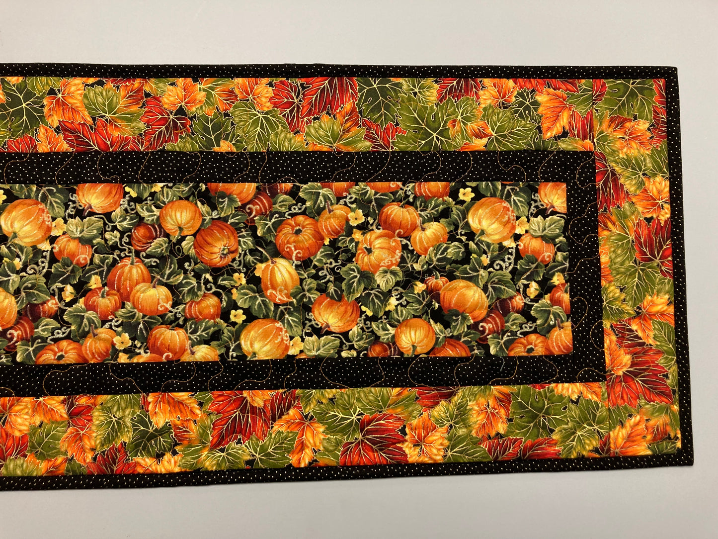 Pumpkins Dining Table Runner, Fall Autumn Leaves Quilted Handmade, Orange Green Gold Fall Table Decor, 13x48" Thanksgiving Holiday Winter