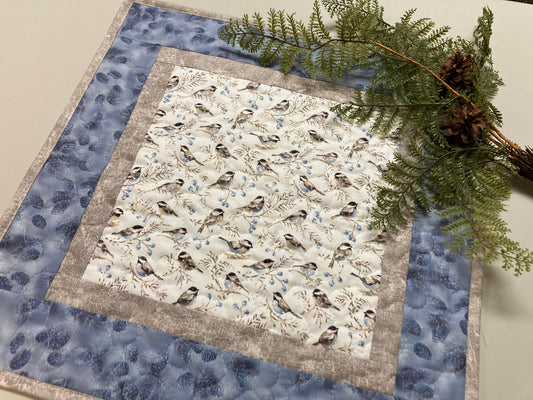 Blue Bird Chickadees Quilted Table Topper, Large Table Square, 18x18" Reversible Washable, Nightstand Coffee End Table, Cabincore Mountain