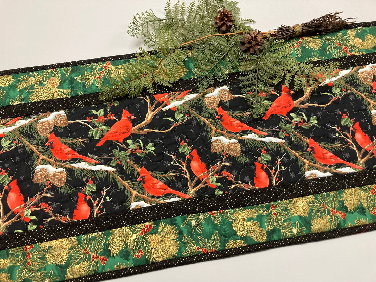 Christmas Red Cardinals Quilted Dining Coffee Table Runner Wide 15x48" Reversible Poinsettia Winter Snowy Pine Cones Branches Handmade Decor