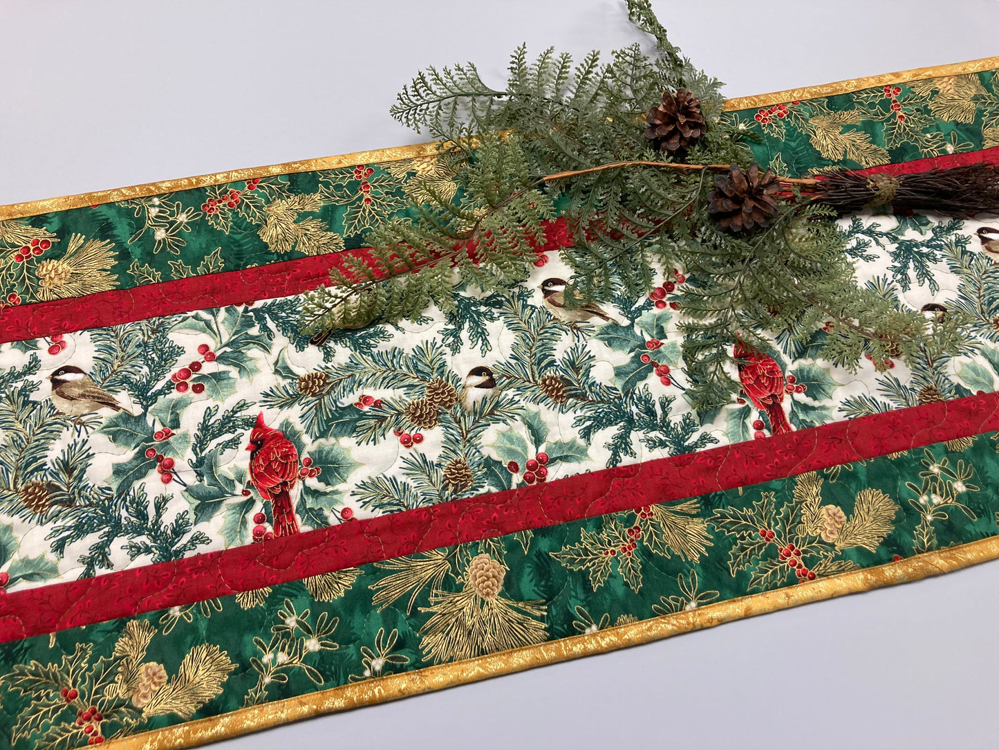Christmas Red Cardinals and Chickadees 14x48" Quilted Dining Table Runner, Reversible Fall, Winter Holiday Coffee Table, Bird Tree Handmade