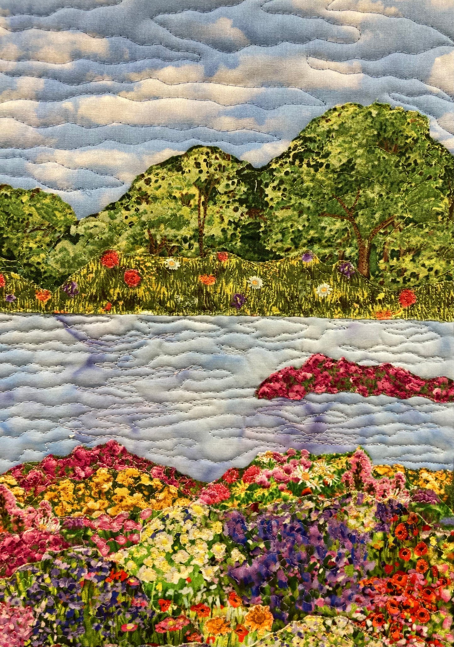 Wildflower Summer Meadow Trees Lake Landscape Art, Quilted, Square Tapestry 15x19", Red Yellow Pink Small Vertical Fabric Wall Hanging