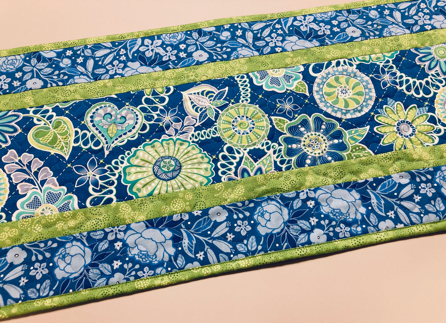 Easter Spring Blue Green Flowers Quilted Table Runner, Dining Coffee Table Mat, Reversible 13x48" Garden Floral Pastel Floral Handmade