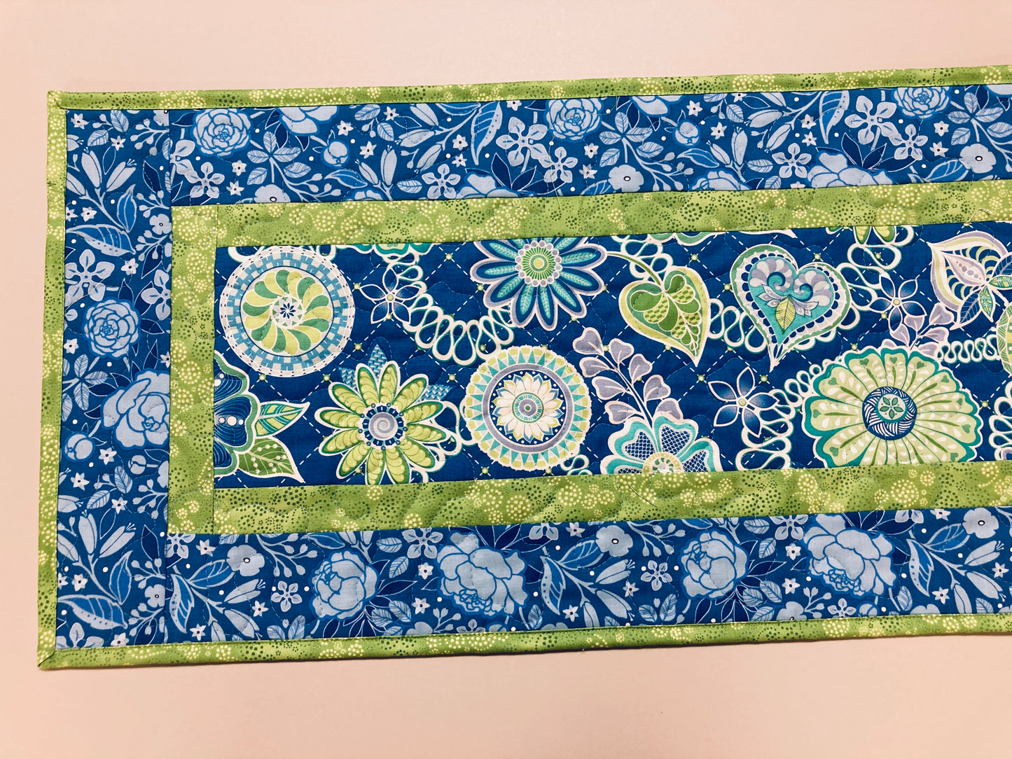 Easter Spring Blue Green Flowers Quilted Table Runner, Dining Coffee Table Mat, Reversible 13x48" Garden Floral Pastel Floral Handmade