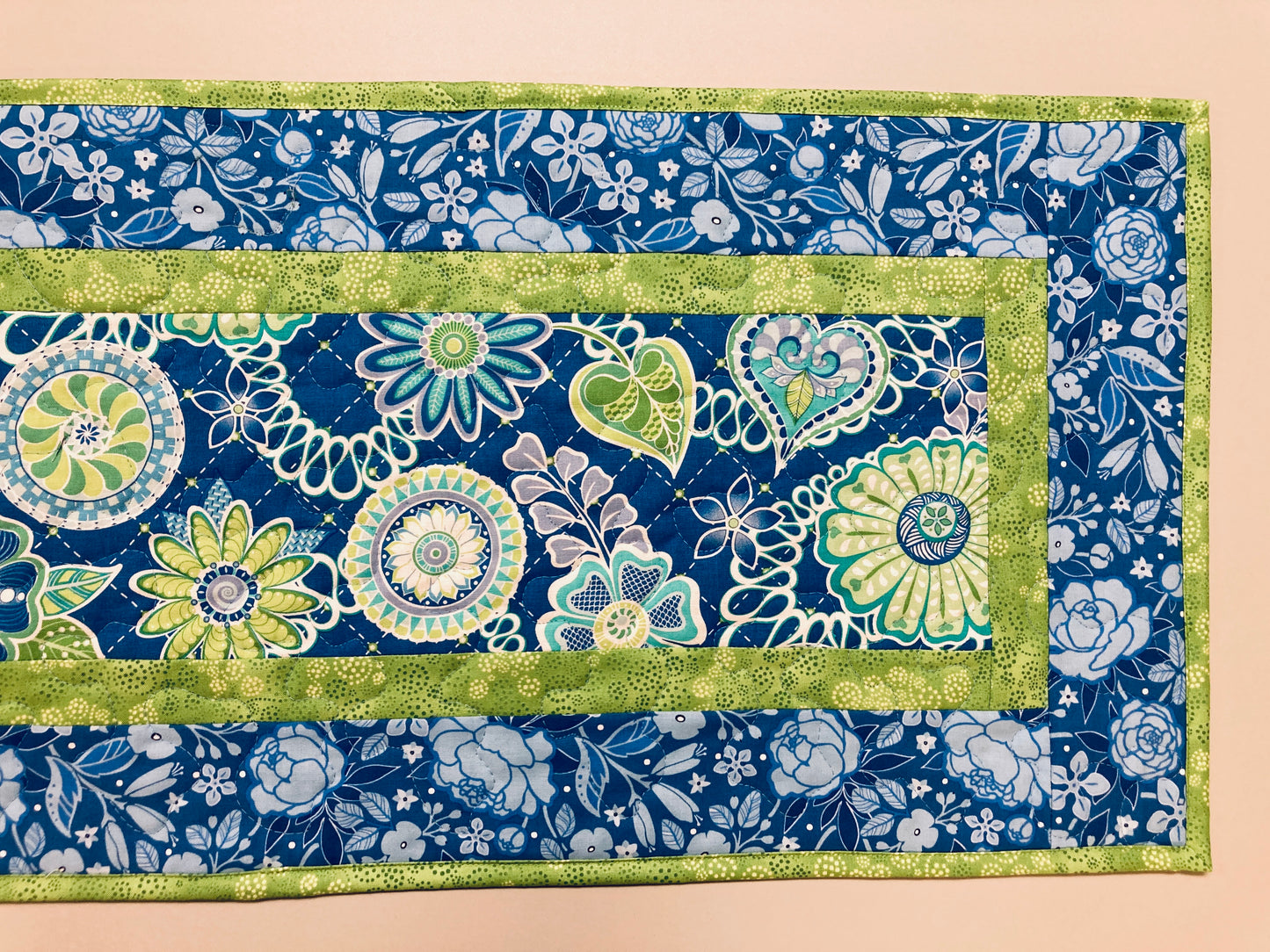 Easter Spring Blue Green Flowers Quilted Table Runner, Dining Coffee Table Mat, Reversible 13x48" Garden Floral Pastel Floral Handmade