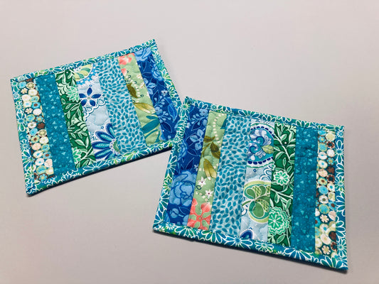 Blue Green Spring Summer Mug Rug Snack Mat Set of (2) Coffee End Table, Large Coasters 7x8.5", Quilted Boho Scrappy Bright Handmade