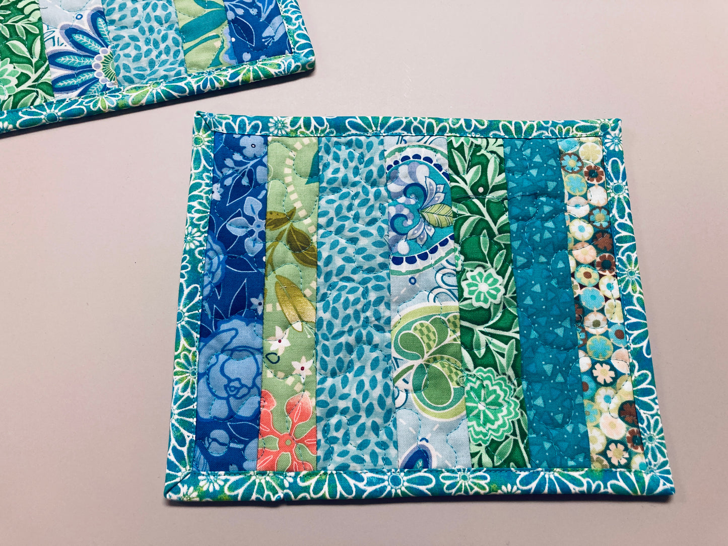 Blue Green Spring Summer Mug Rug Snack Mat Set of (2) Coffee End Table, Large Coasters 7x8.5", Quilted Boho Scrappy Bright Handmade