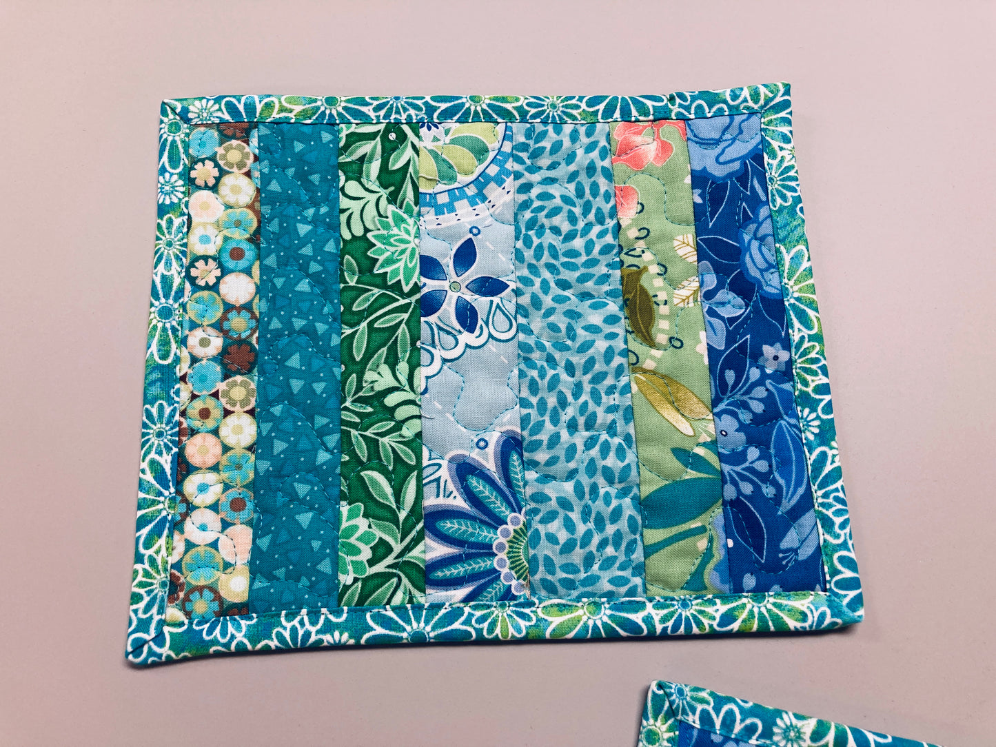 Blue Green Spring Summer Mug Rug Snack Mat Set of (2) Coffee End Table, Large Coasters 7x8.5", Quilted Boho Scrappy Bright Handmade