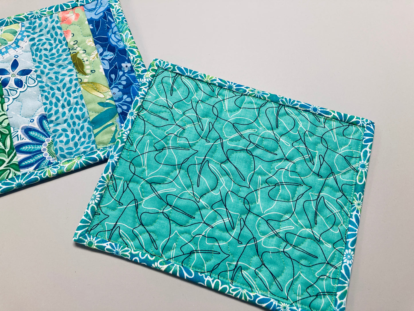 Blue Green Spring Summer Mug Rug Snack Mat Set of (2) Coffee End Table, Large Coasters 7x8.5", Quilted Boho Scrappy Bright Handmade