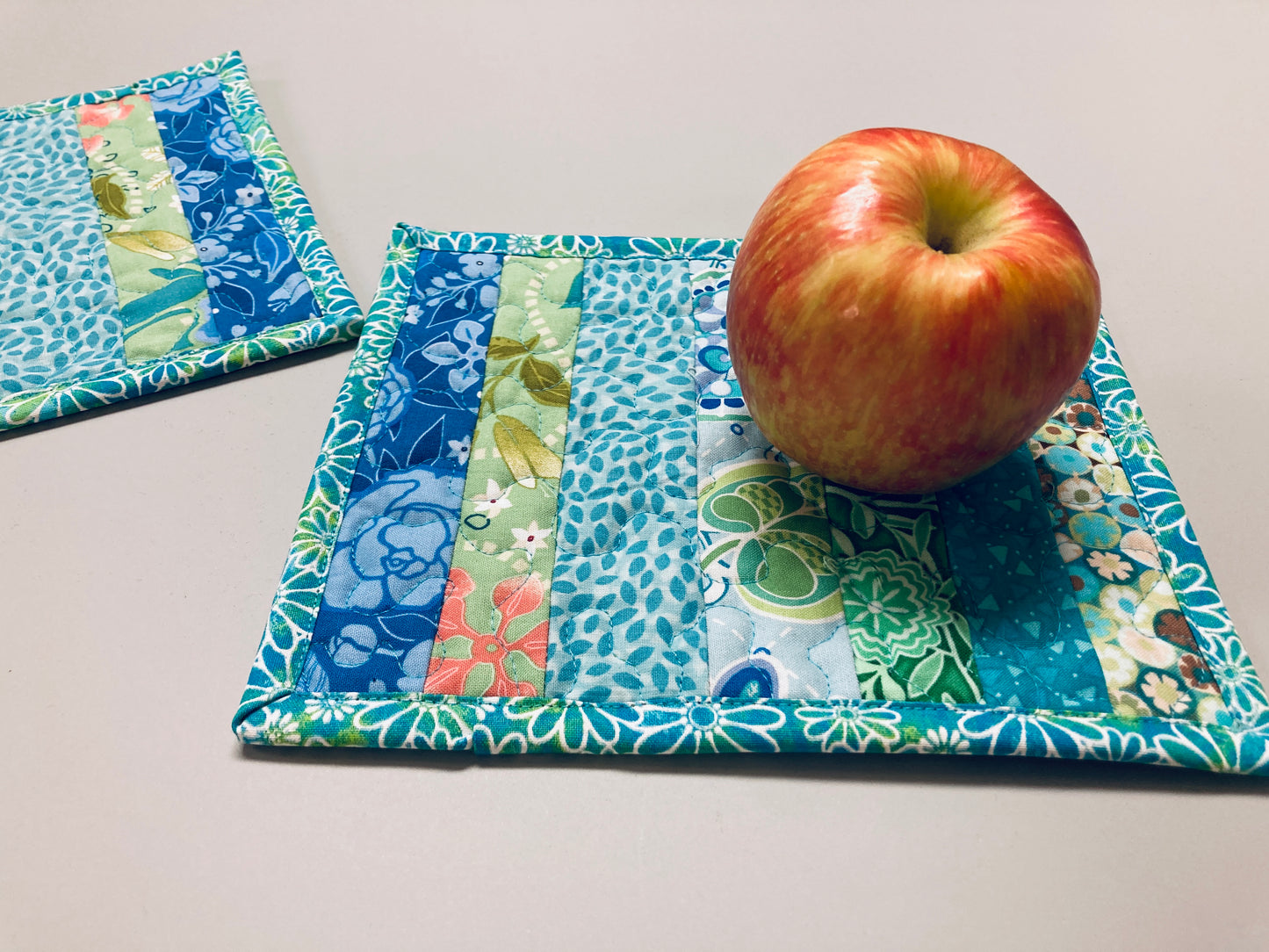 Blue Green Spring Summer Mug Rug Snack Mat Set of (2) Coffee End Table, Large Coasters 7x8.5", Quilted Boho Scrappy Bright Handmade