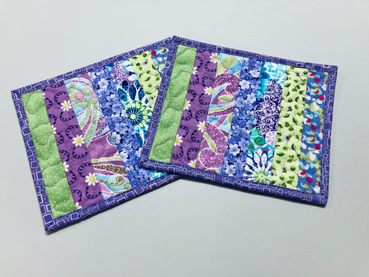 Purple Blue Green Spring Summer Mug Rug Snack Mat Set of (2) Coffee End Table, Large Coasters 8.5x7", Quilted Boho Colorful Bright Handmade