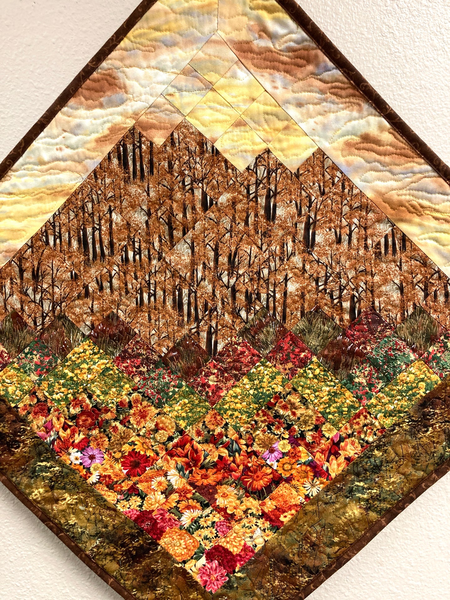 Art Quilt, Fall Sunset Aspen Trees Fabric Wall Hanging, Landscape Autumn Textile 32x32" Diagonal Purple Yellow Flowers Trees Alpine Handmade
