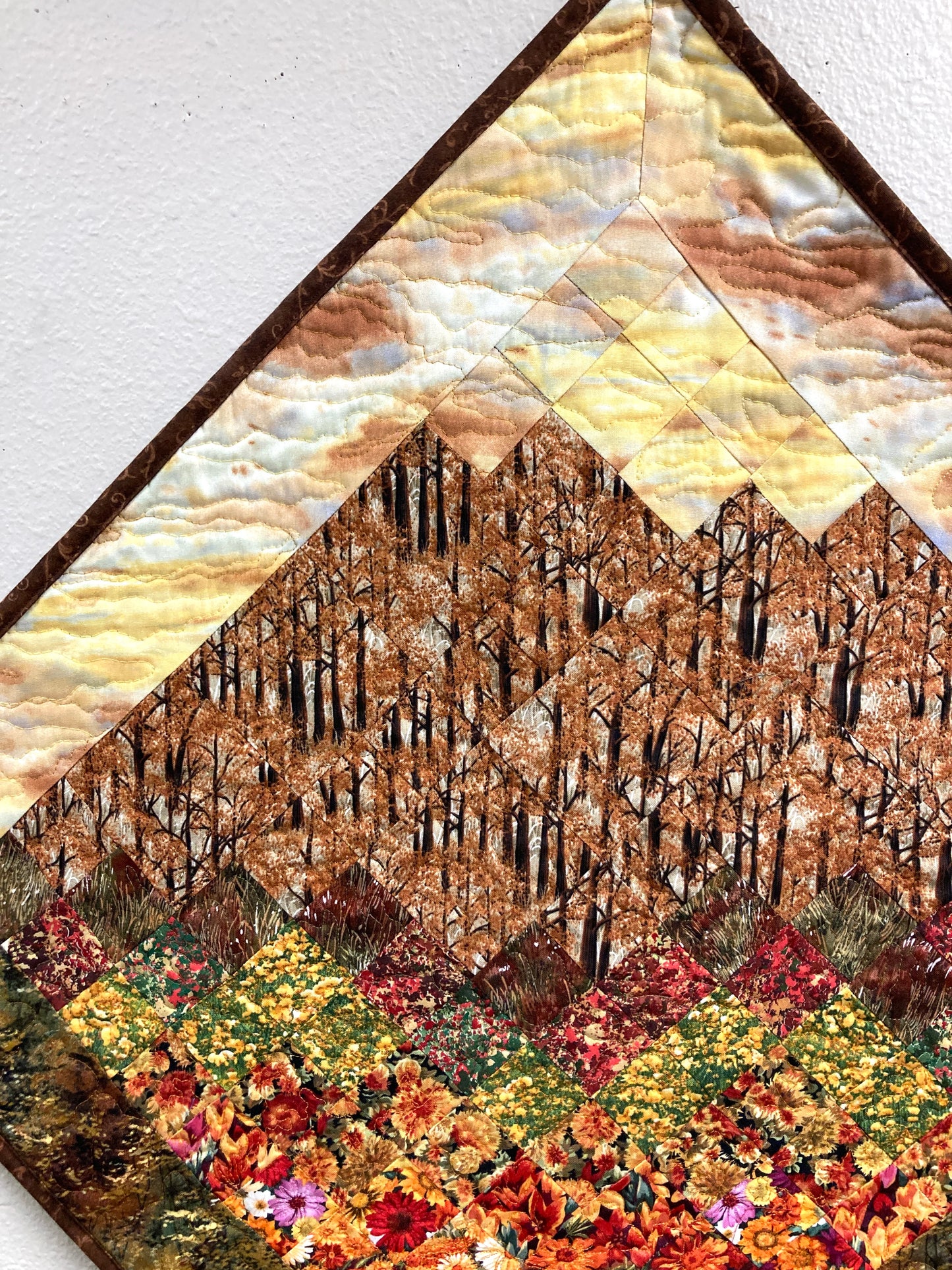 Art Quilt, Fall Sunset Aspen Trees Fabric Wall Hanging, Landscape Autumn Textile 32x32" Diagonal Purple Yellow Flowers Trees Alpine Handmade