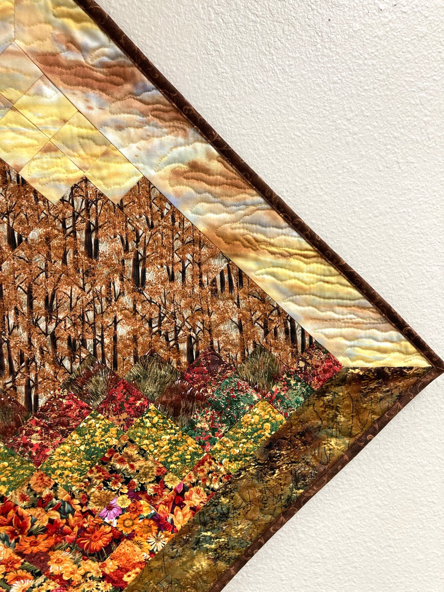 Art Quilt, Fall Sunset Aspen Trees Fabric Wall Hanging, Landscape Autumn Textile 32x32" Diagonal Purple Yellow Flowers Trees Alpine Handmade