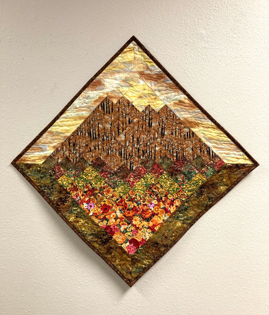 Art Quilt, Fall Sunset Aspen Trees Fabric Wall Hanging, Landscape Autumn Textile 32x32" Diagonal Purple Yellow Flowers Trees Alpine Handmade