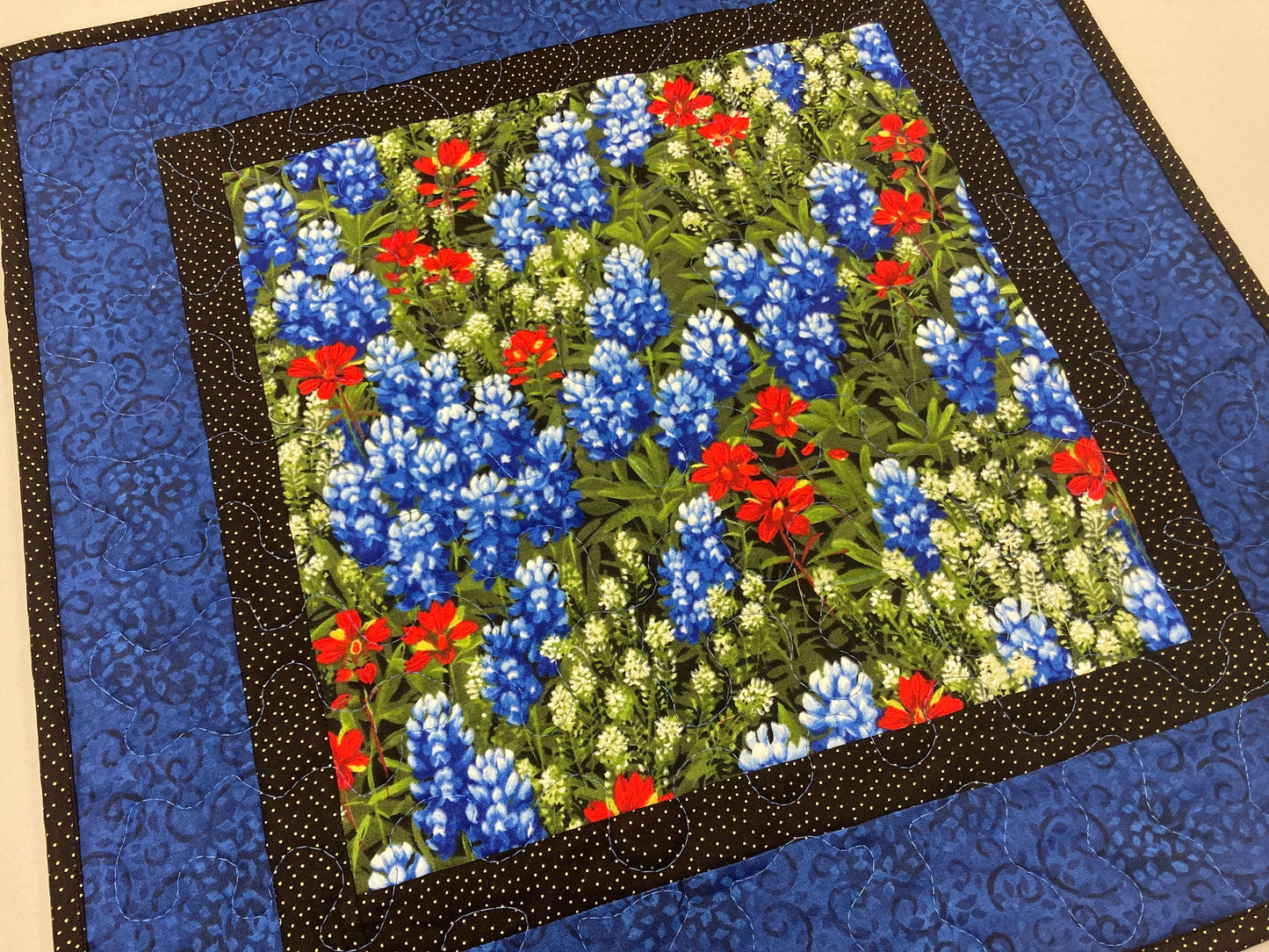 Blue Bonnets Red Flowers Quilted Table Topper, Reversible Mat, 18x18" Coffee Table End Table Nightstand, Large Square Summer Spring Decor
