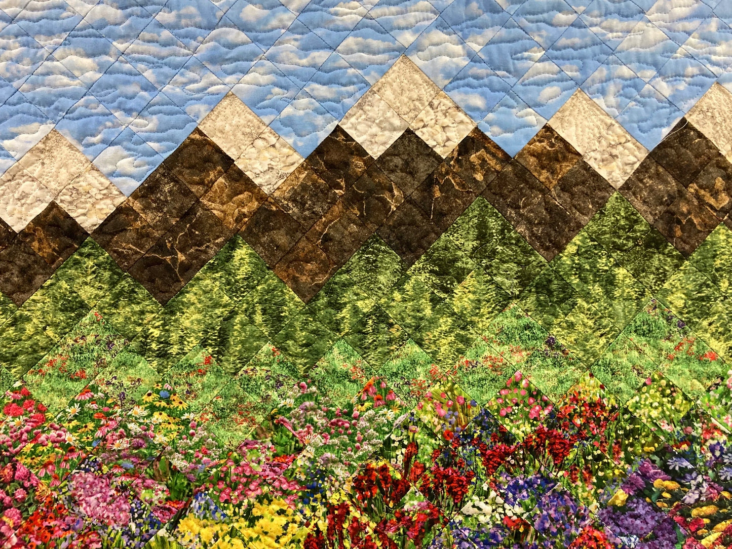 Spring Mountain Flowers Landscape Art Quilt, Scenic Pictorial Tapestry 30x34"Fabric Wall Hanging Horizontal, Quilted Pink Red Purple Meadow