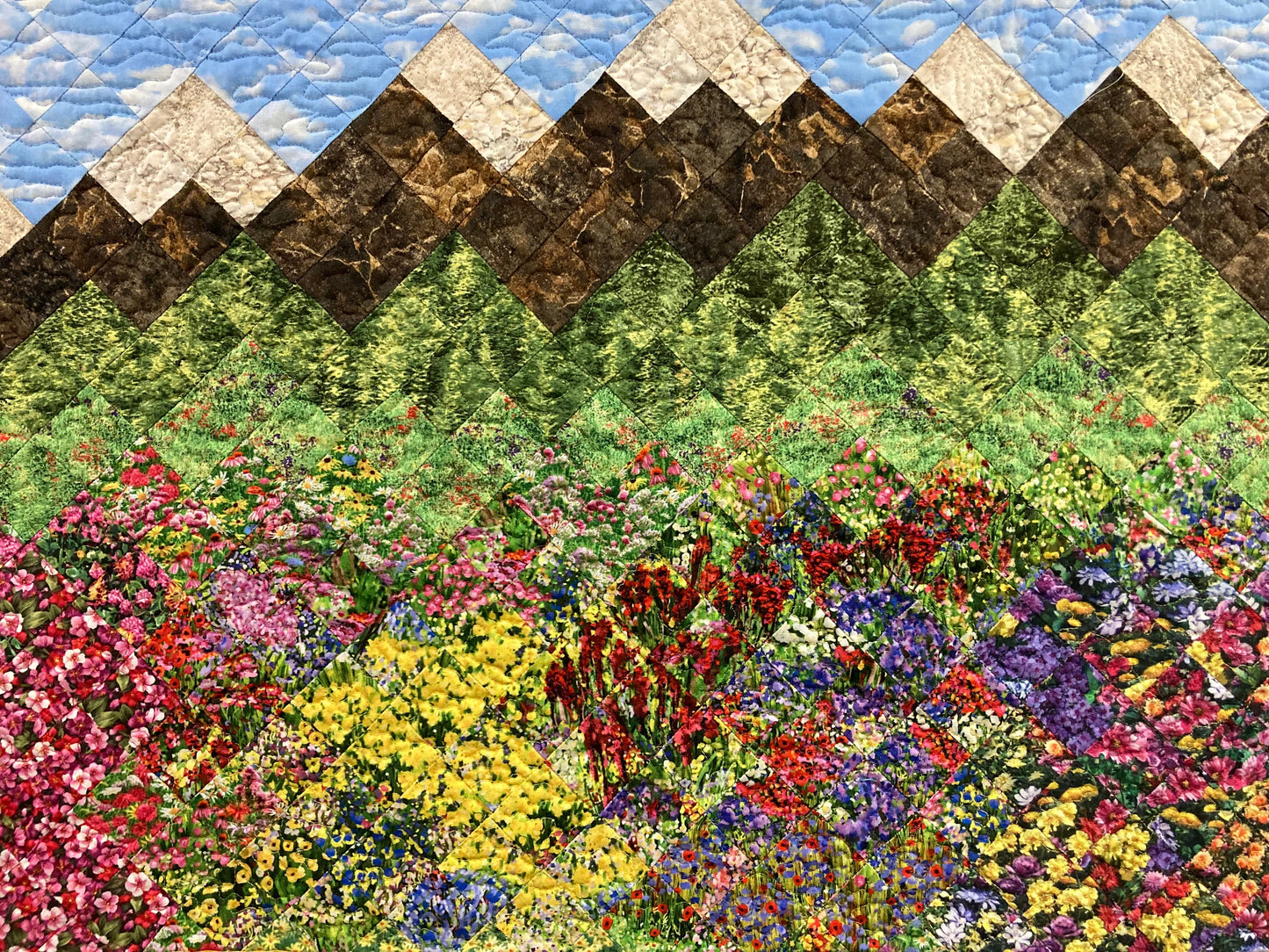 Spring Mountain Flowers Landscape Art Quilt, Scenic Pictorial Tapestry 30x34"Fabric Wall Hanging Horizontal, Quilted Pink Red Purple Meadow