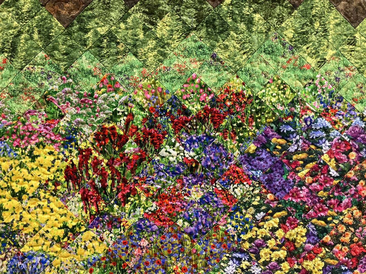 Spring Mountain Flowers Landscape Art Quilt, Scenic Pictorial Tapestry 30x34"Fabric Wall Hanging Horizontal, Quilted Pink Red Purple Meadow