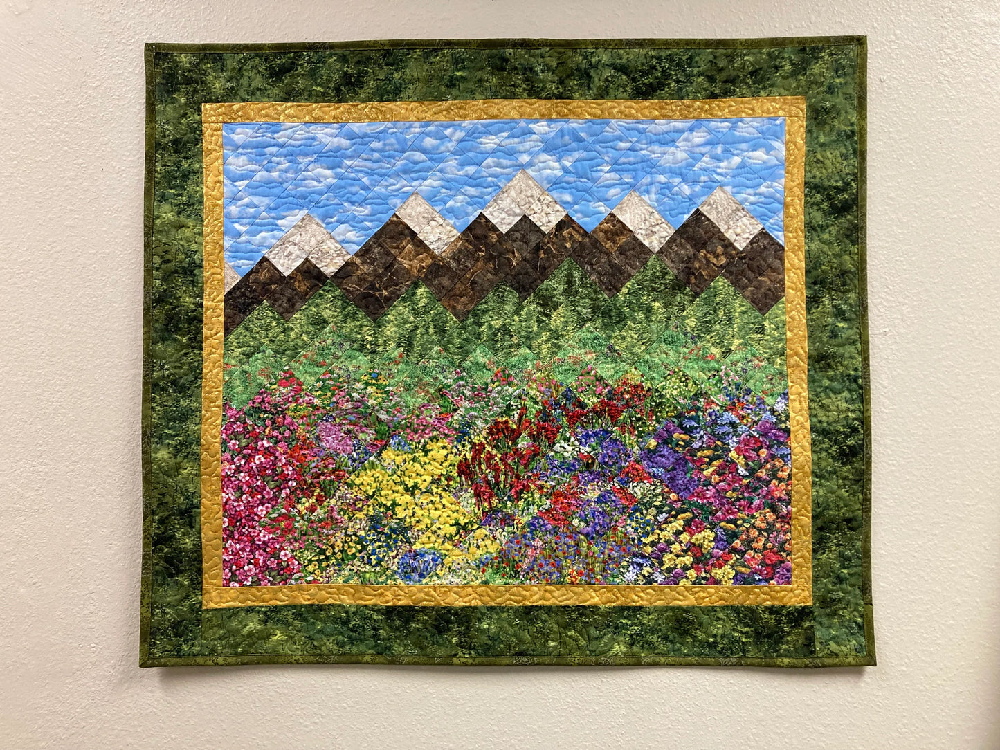 Spring Mountain Flowers Landscape Art Quilt, Scenic Pictorial Tapestry 30x34"Fabric Wall Hanging Horizontal, Quilted Pink Red Purple Meadow