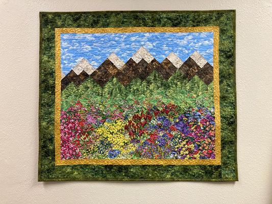 Spring Mountain Flowers Landscape Art Quilt, Scenic Pictorial Tapestry 30x34"Fabric Wall Hanging Horizontal, Quilted Pink Red Purple Meadow