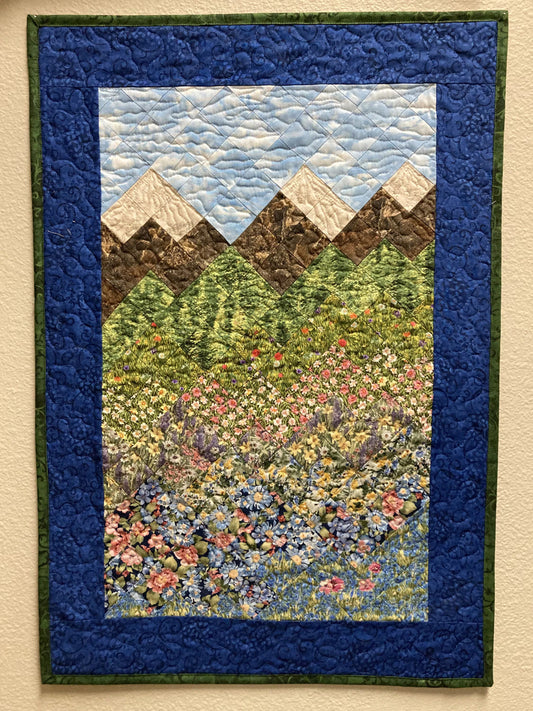 Spring Blooms Pink Blue Flower Landscape Art Quilt, Art 19x28", Tapestry Fabric Wall Hanging, Small Quilted Artwork, Vertical Mountains