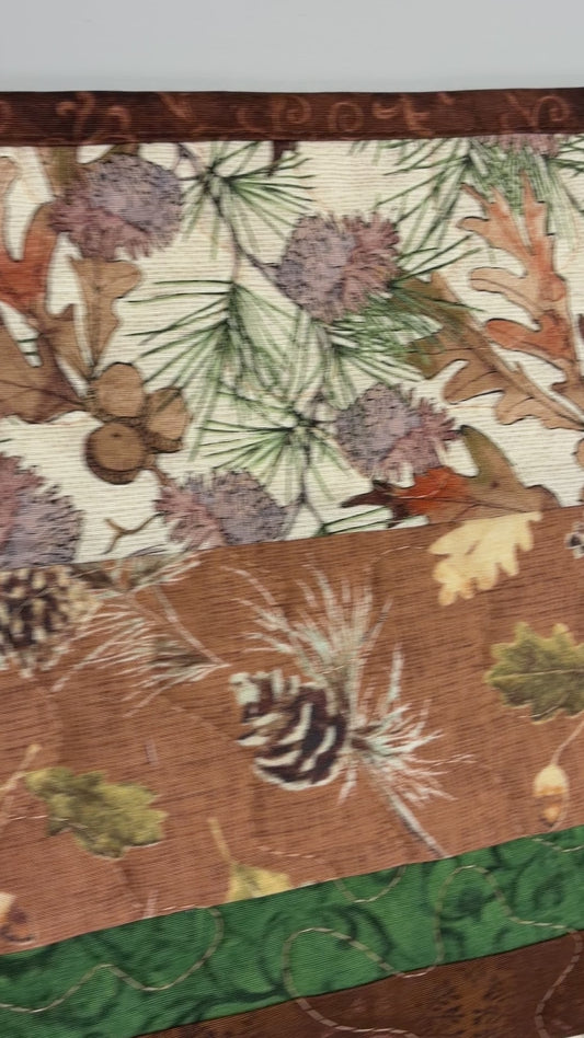 Pine Cones Acorns Quilted Dining or Coffee Table Runner, 13x38" Reversible Christmas Handmade