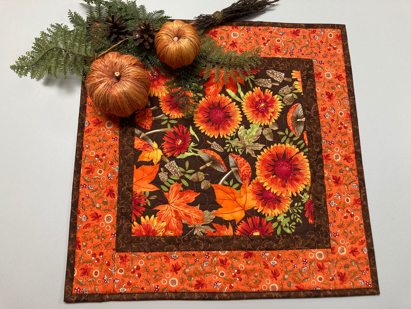 Fall Sunflowers Mushrooms and Acorns Quilted Table Topper, 20x20" Reversible Leaves Woodland Forest Orange Red Green Dining Coffee End Table