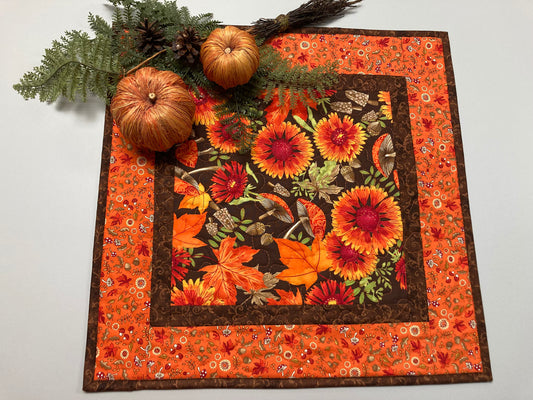 Fall Sunflowers Mushrooms and Acorns Quilted Table Topper, 20x20" Reversible Leaves Woodland Forest Orange Red Green Dining Coffee End Table