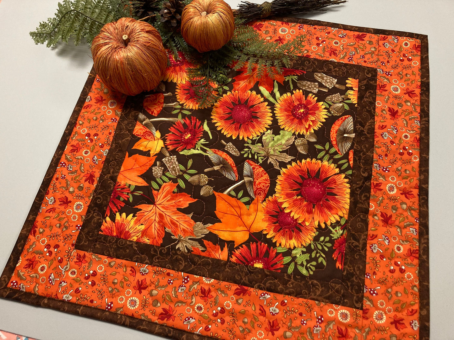 Fall Sunflowers Mushrooms and Acorns Quilted Table Topper, 20x20" Reversible Leaves Woodland Forest Orange Red Green Dining Coffee End Table
