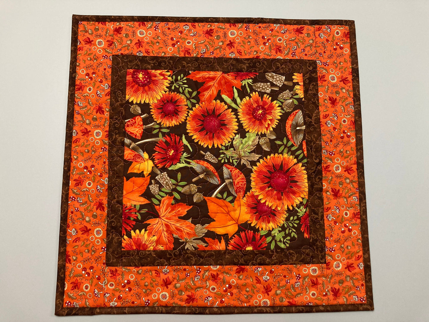 Fall Sunflowers Mushrooms and Acorns Quilted Table Topper, 20x20" Reversible Leaves Woodland Forest Orange Red Green Dining Coffee End Table