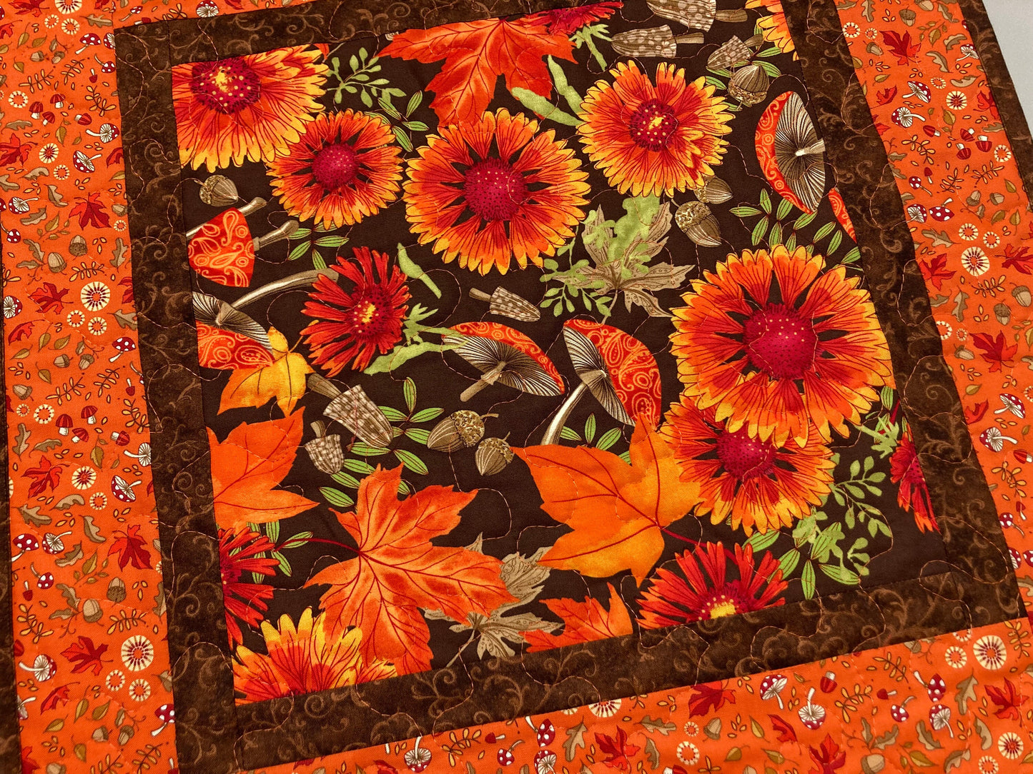 Fall Sunflowers Mushrooms and Acorns Quilted Table Topper, 20x20" Reversible Leaves Woodland Forest Orange Red Green Dining Coffee End Table