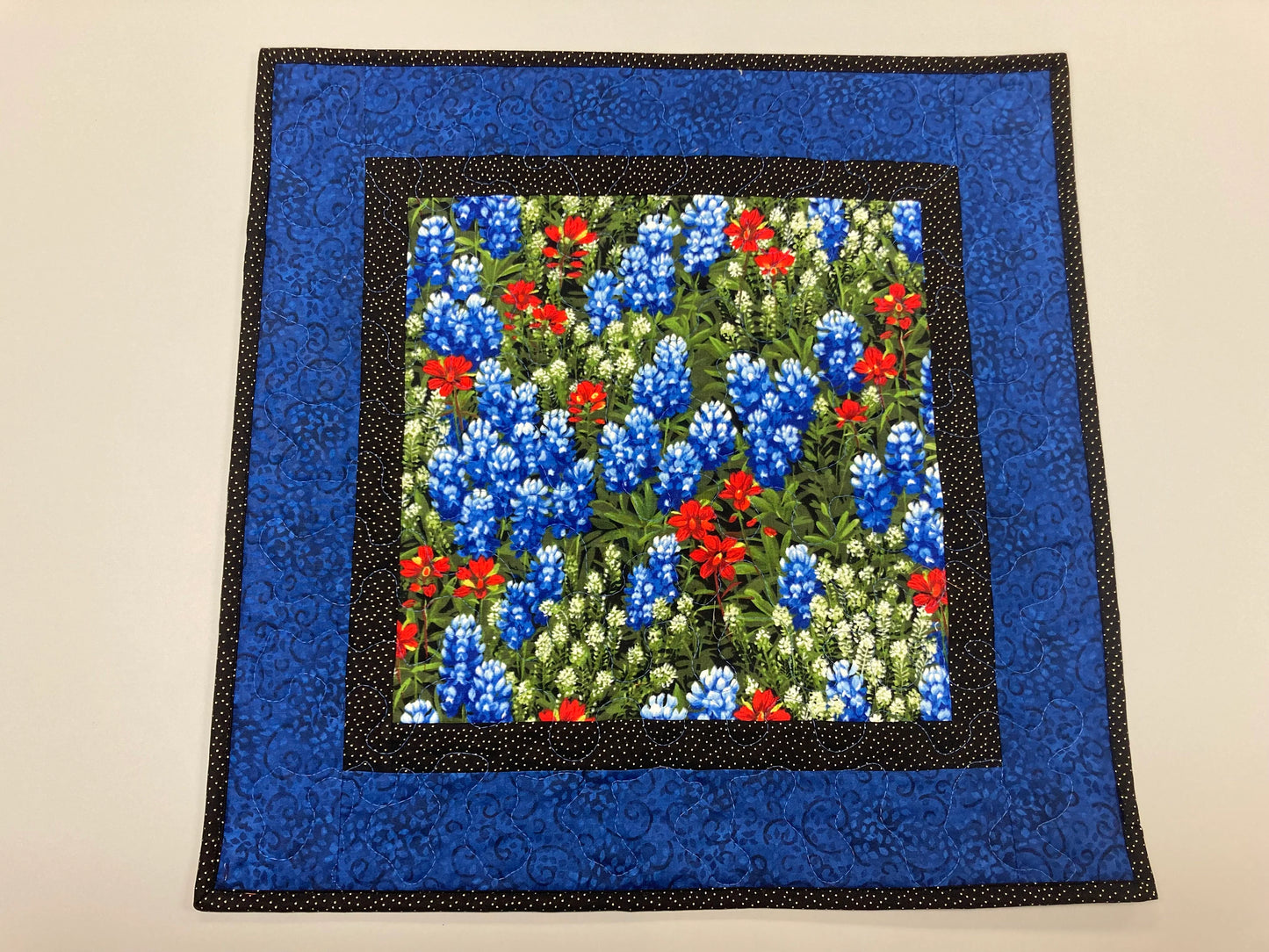 Blue Bonnets Red Flowers Quilted Table Topper, Reversible Mat, 18x18" Coffee Table End Table Nightstand, Large Square Summer Spring Decor