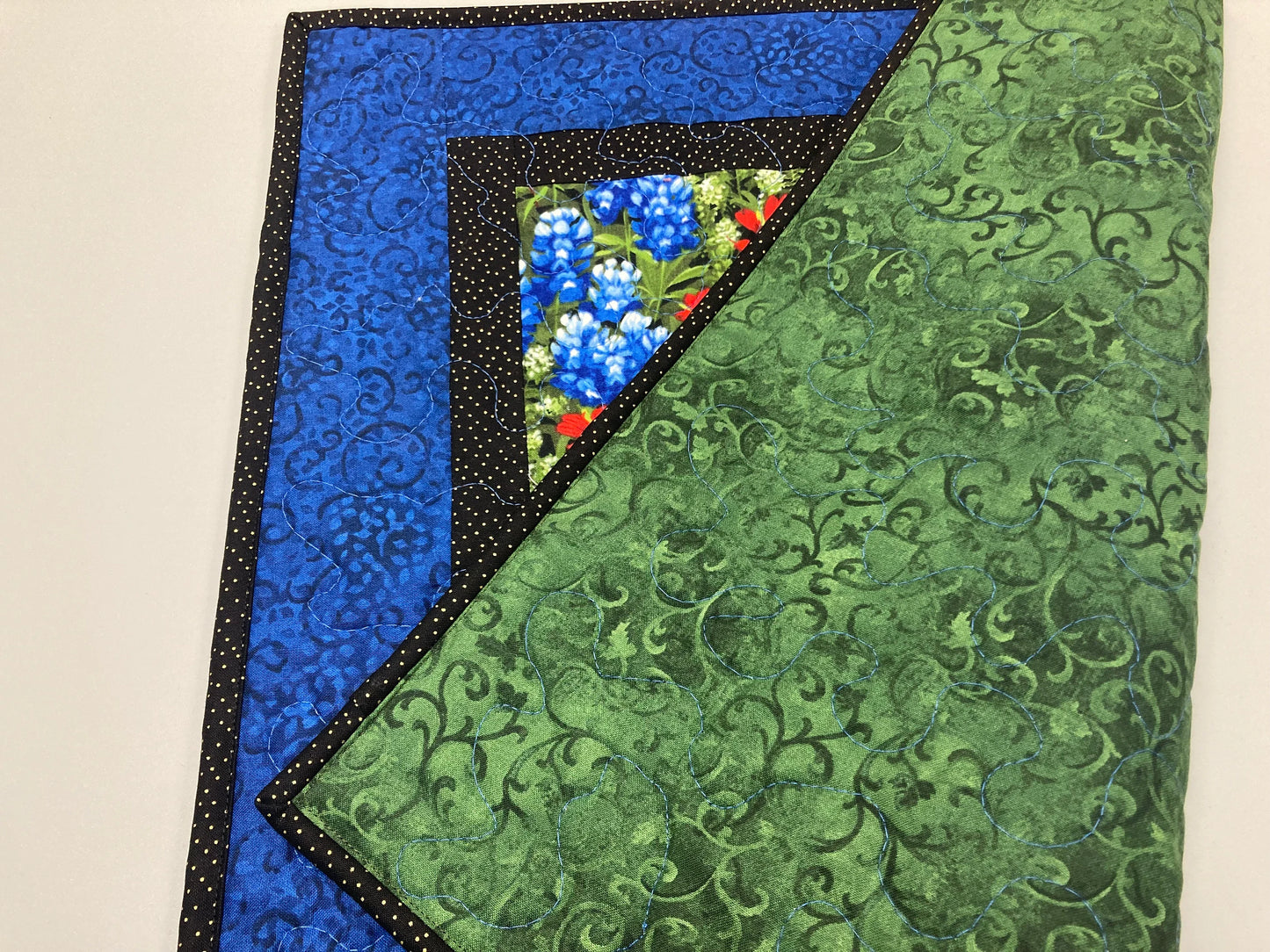 Blue Bonnets Red Flowers Quilted Table Topper, Reversible Mat, 18x18" Coffee Table End Table Nightstand, Large Square Summer Spring Decor