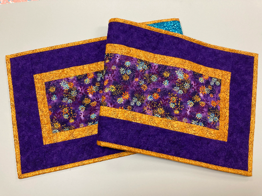 Quilted Table Runner, Bright Purple Blue Orange Flowers, 13x48" Reversible Handmade Dining Coffee Table Centerpiece Everyday Summer Decor