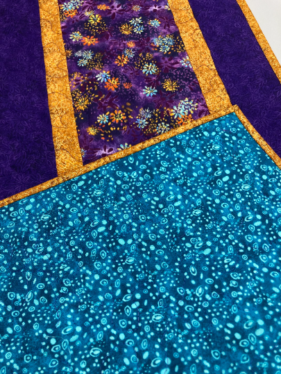 Quilted Table Runner, Bright Purple Blue Orange Flowers, 13x48" Reversible Handmade Dining Coffee Table Centerpiece Everyday Summer Decor
