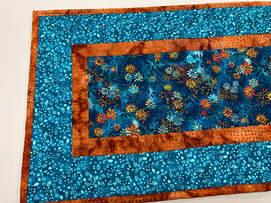 Quilted Table Runner, Bright Turquoise Orange Red Flowers, 13x48" Reversible Handmade Dining Coffee Table Centerpiece Everyday Summer Decor