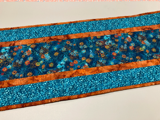 Quilted Table Runner, Bright Turquoise Orange Red Flowers, 13x48" Reversible Handmade Dining Coffee Table Centerpiece Everyday Summer Decor