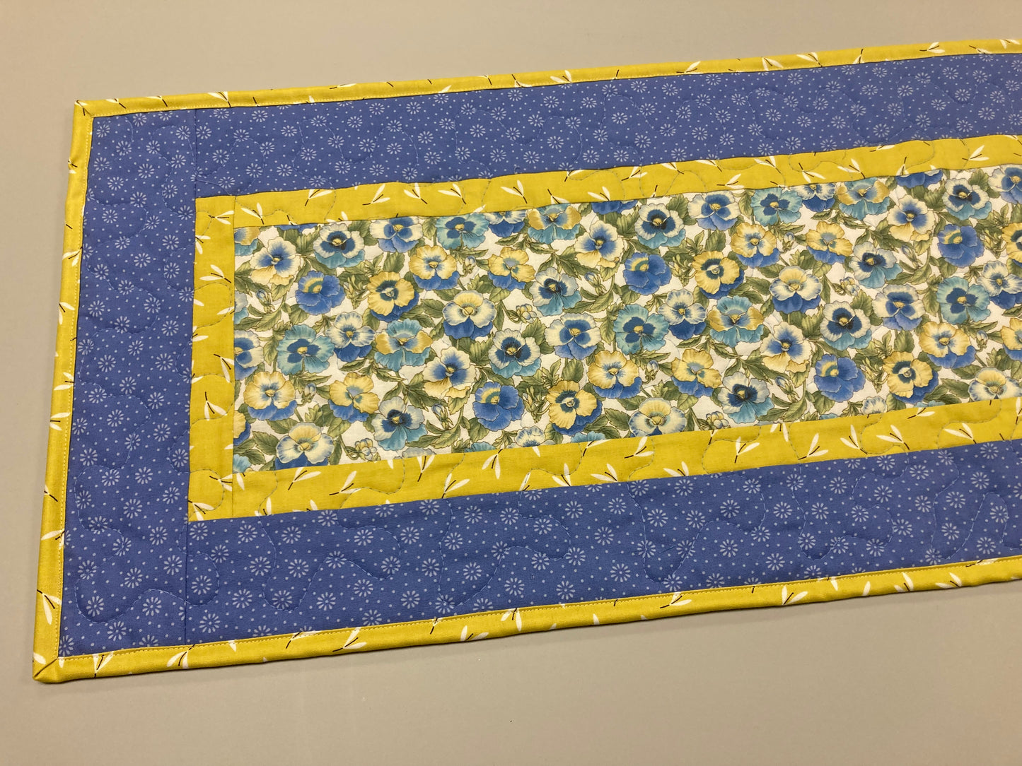 Summer Pansies Quilted Dining Table Runner, Blue Yellow Reversible 13x48" Handmade, Coffee End Table Nightstand Dresser Scarf Spring Easter