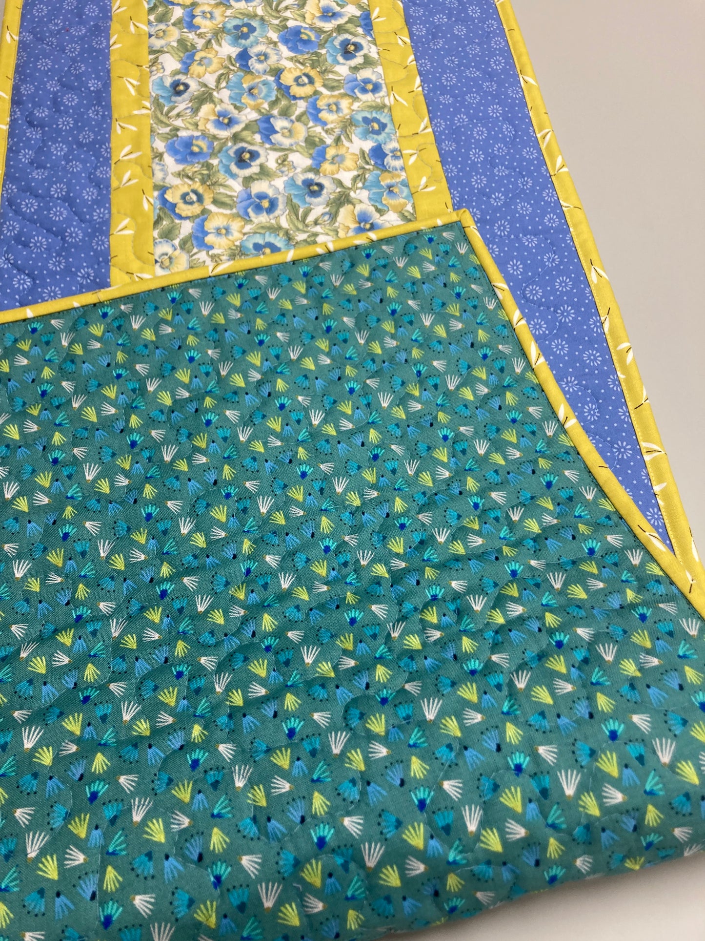 Summer Pansies Quilted Dining Table Runner, Blue Yellow Reversible 13x48" Handmade, Coffee End Table Nightstand Dresser Scarf Spring Easter