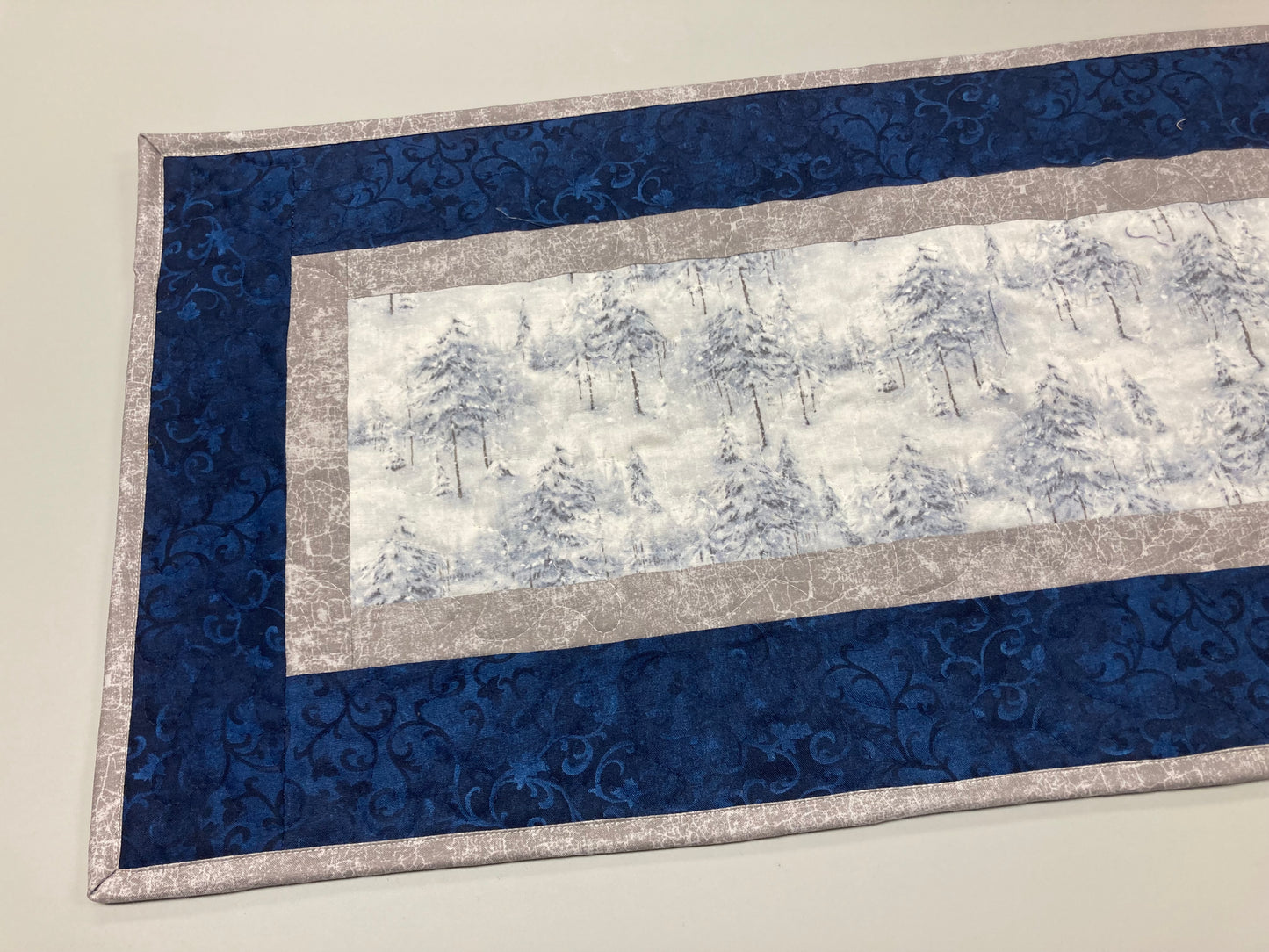 Snowy Winter Trees Quilted Dining Table Runner, 13x48 Reversible, Blue Coffee End Table Cabin Everyday Nature Woods Mountains Handmade