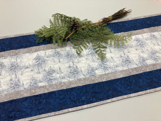 Snowy Winter Trees Quilted Dining Table Runner, 13x48 Reversible, Blue Coffee End Table Cabin Everyday Nature Woods Mountains Handmade