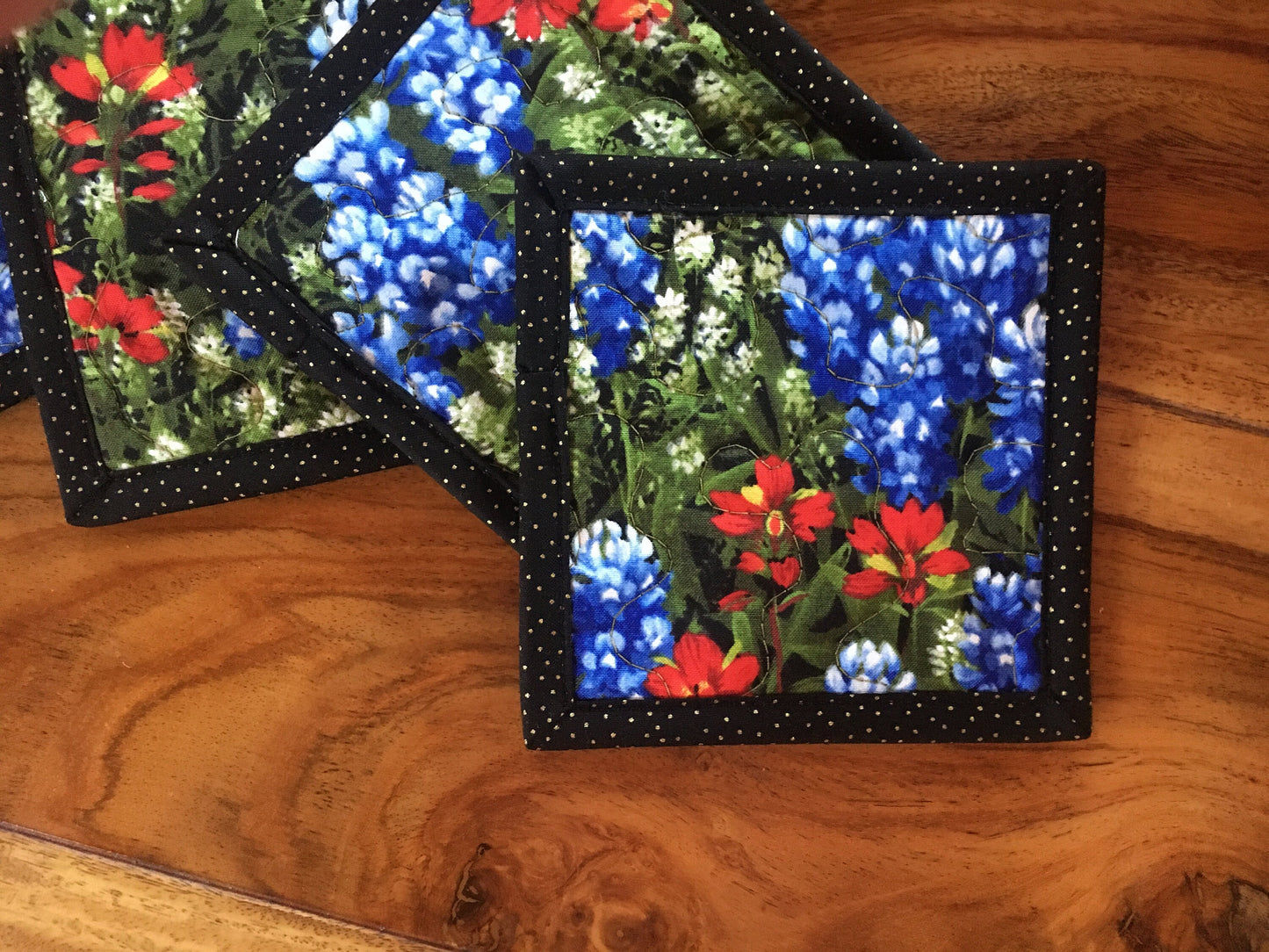 Fabric Coasters for Drinks, Texas Wildflowers Blue Bonnets Red, Reversible Quilted Drink Mats, 5x5", Hot Cold Coffee Tea Mug Rugs Snack Mats
