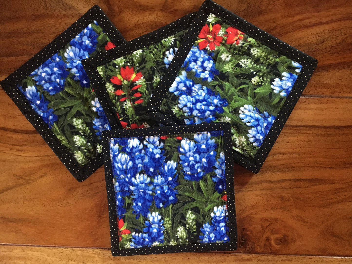 Fabric Coasters for Drinks, Texas Wildflowers Blue Bonnets Red, Reversible Quilted Drink Mats, 5x5", Hot Cold Coffee Tea Mug Rugs Snack Mats