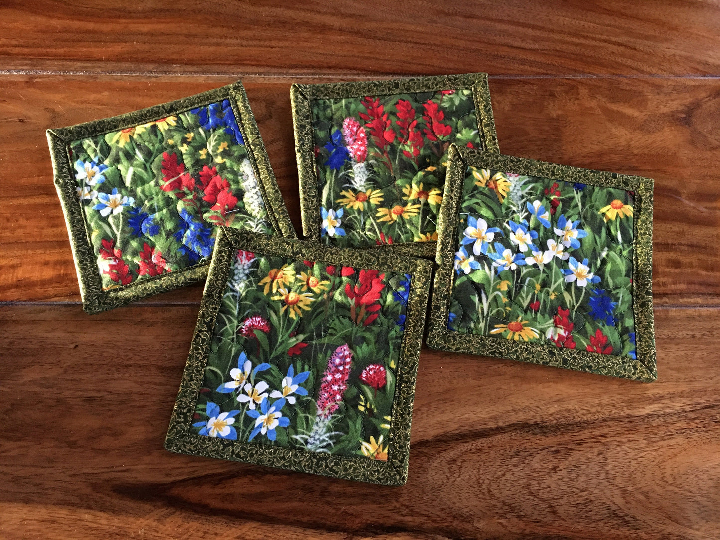 Fabric Hot Cold Drink Quilted Coasters, Texas Wildflowers Blue Red Yellow, Reversible Drink Mats, 5x5" Hot Cold Coffee Tea, Teacher Gift