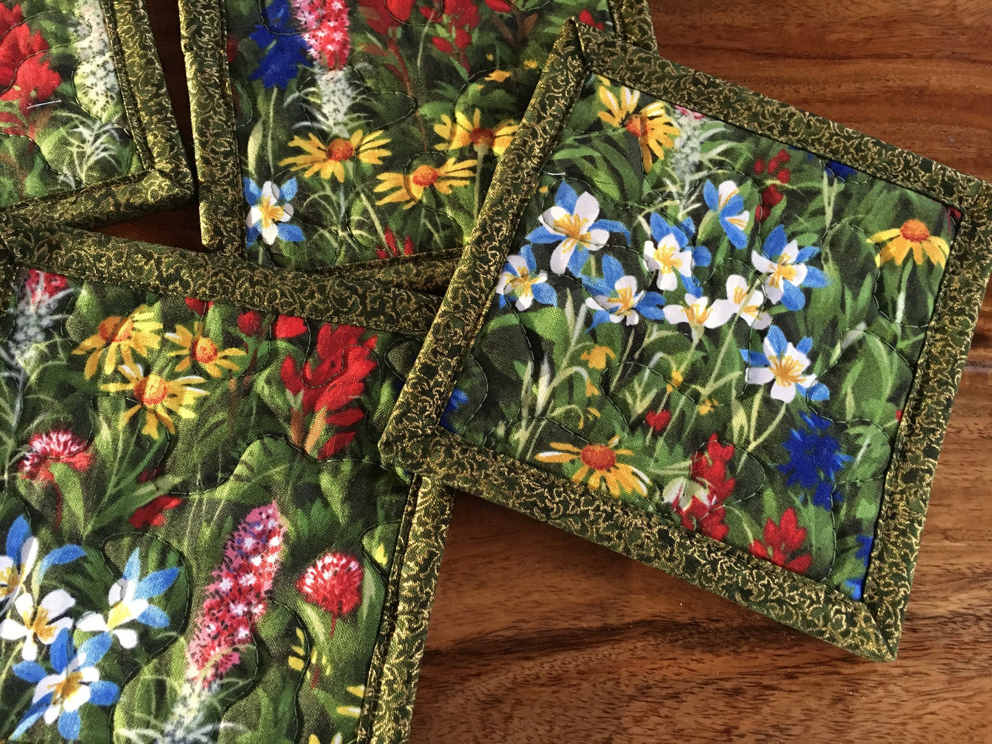 Fabric Hot Cold Drink Quilted Coasters, Texas Wildflowers Blue Red Yellow, Reversible Drink Mats, 5x5" Hot Cold Coffee Tea, Teacher Gift