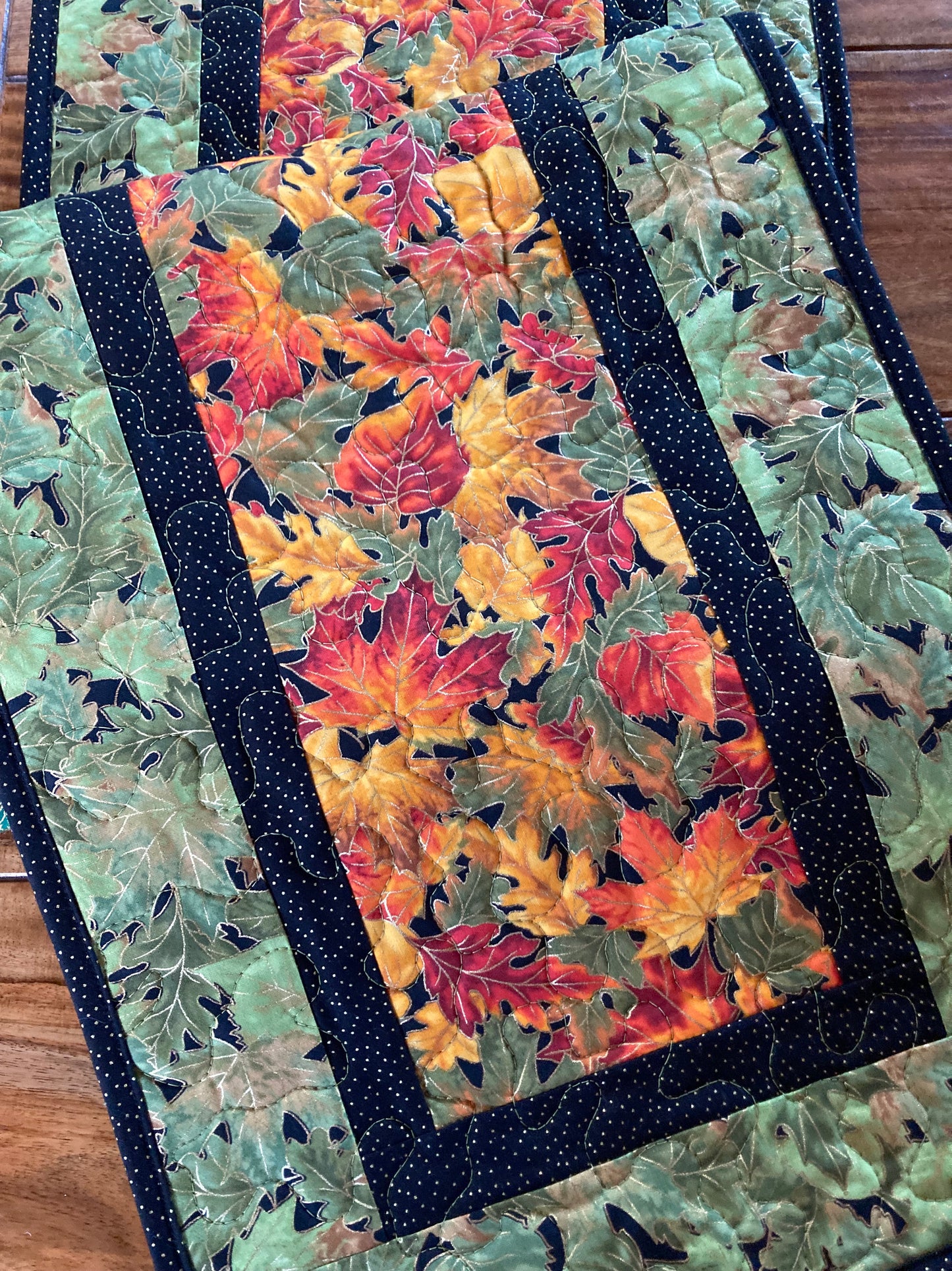 Fall Table Runner Quilted Vibrant Autumn Leaves, Dining Coffee Table Runner, 13x48" Reversible Holiday Winter, Red Orange Green End Table