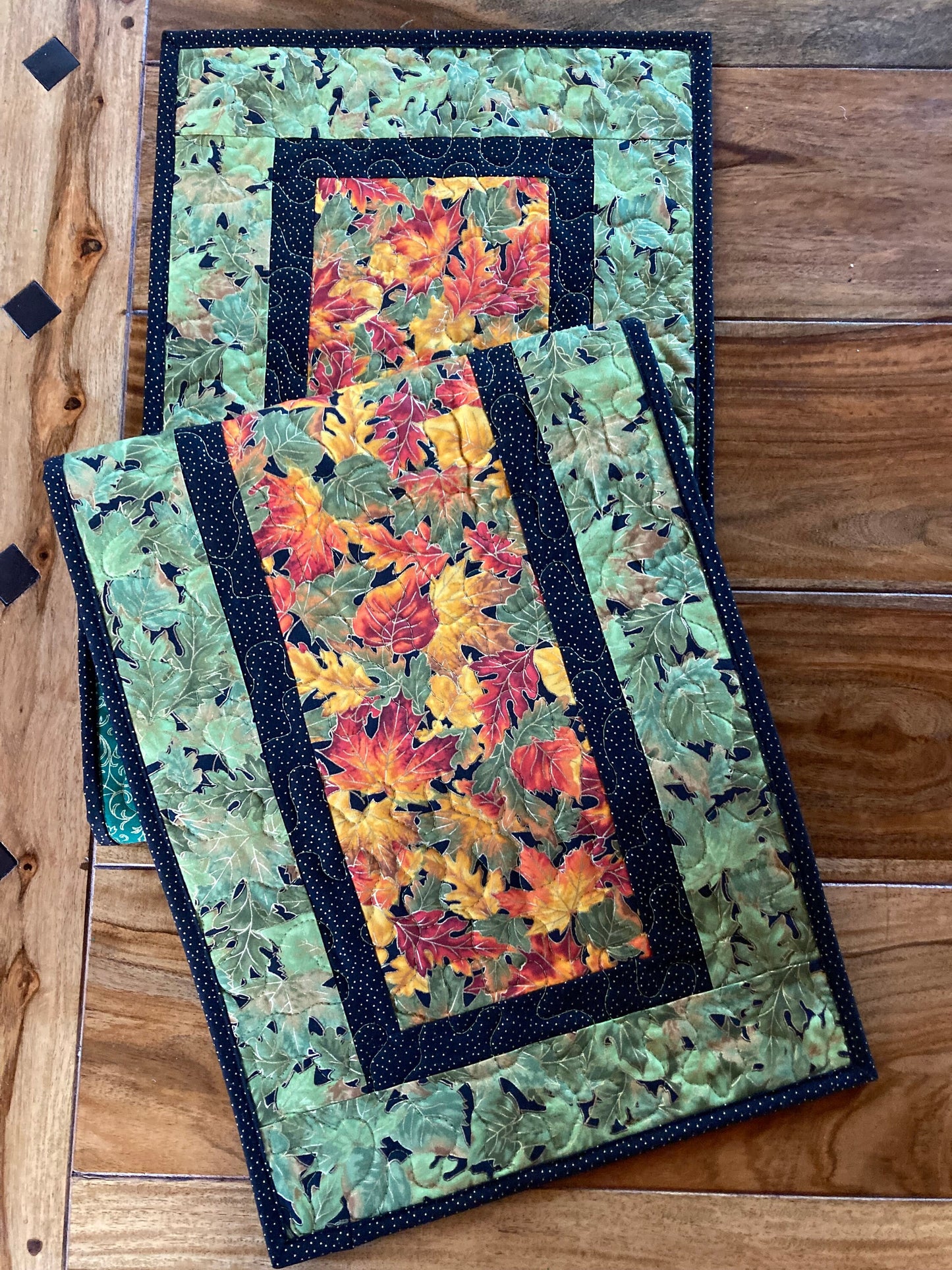 Fall Table Runner Quilted Vibrant Autumn Leaves, Dining Coffee Table Runner, 13x48" Reversible Holiday Winter, Red Orange Green End Table